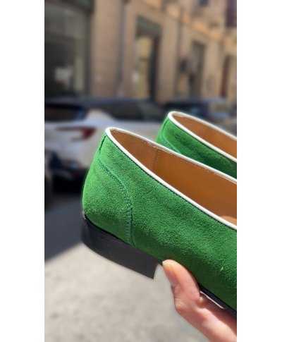 Mokasyny męskie, skórzane – zamszowe – zielone – Made in Italy