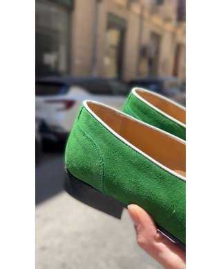 Mokasyny męskie, skórzane – zamszowe – zielone – Made in Italy