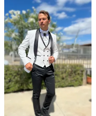 Smoking męski z kamizelką – Biały