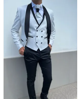 Smoking męski z kamizelką – Biały
