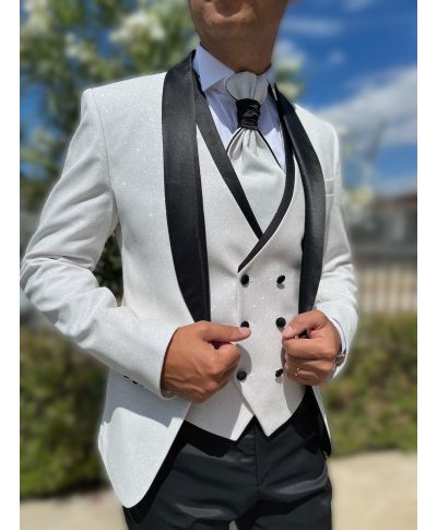 Smoking męski z kamizelką – Biały