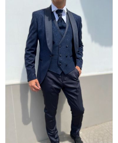 Smoking męski z kamizelką, niebieski