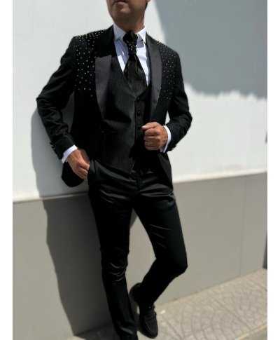 Czarny smoking męski z kamizelką i plastronem - Made in Italy