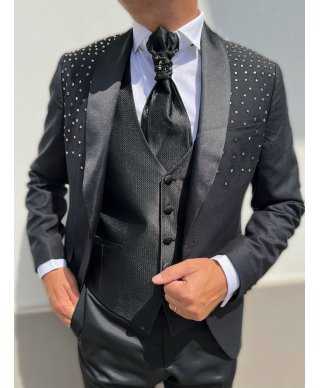 Czarny smoking męski z kamizelką i plastronem - Made in Italy