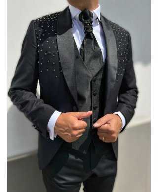 Czarny smoking męski z kamizelką i plastronem - Made in Italy