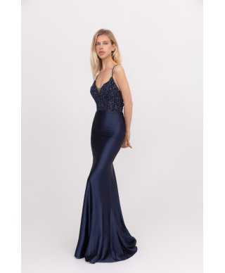 Vestito da cerimonia a sirena con schiena scoperta - Blu