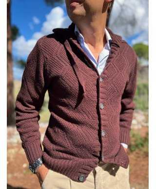 Sweter męski w kolorze brązowym – Kaptur - Kardigan