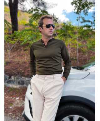 Sweter męski Henley z bawełny w prążki - Zieleń militarna