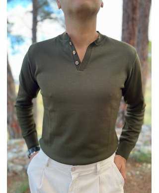 Sweter męski Henley z bawełny w prążki - Zieleń militarna