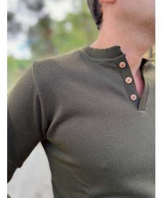 Sweter męski Henley z bawełny w prążki - Zieleń militarna