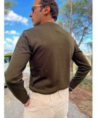 Sweter męski Henley z bawełny w prążki - Zieleń militarna