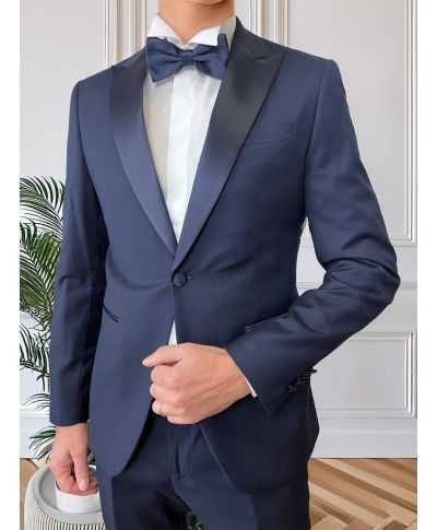 Elegancki smoking męski - Satynove klapy  w szpic – Niebieski - Odis