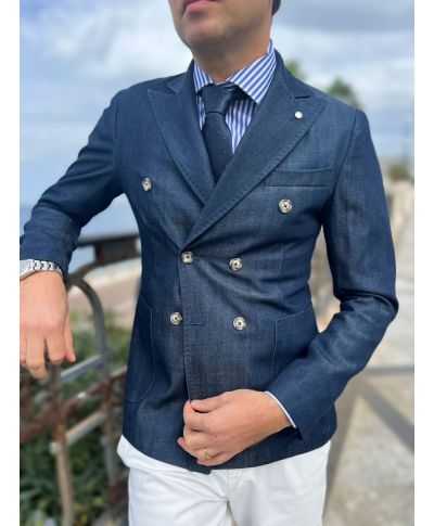 Męska dwurzędowa marynarka  dżinsowa - Paul Miranda - Made in Italy