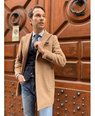 Płaszcz męski z kaszmiru – Camelowy - Paul Miranda – Made in italy