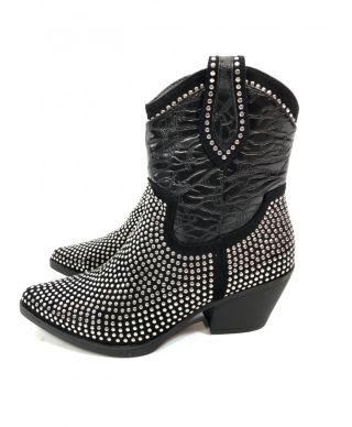 Stivali texani donna, corti con borchie - Neri - Ecopelle