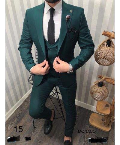Elegancki Garnitur Slim z Kamizelką – Model Monaco, Kolor Szmaragdowy