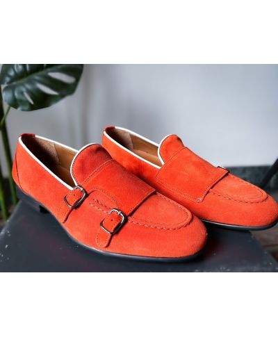 Mokasyny męskie, skórzane - Zamszowe – Pomarańczowe – Monki – Made in Italy