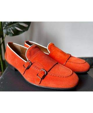 Mokasyny męskie, skórzane - Zamszowe – Pomarańczowe – Monki – Made in Italy