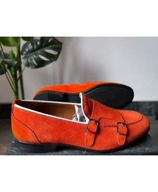 Mokasyny męskie, skórzane - Zamszowe – Pomarańczowe – Monki – Made in Italy