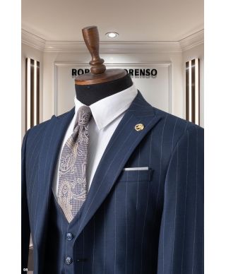 Elegancki garnitur męski z kamizelką – Granatowy  komplet  w prążki