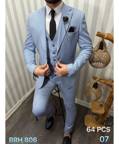 Garnitur męski trzyczęściowy – Błękitny – Slim fit – Model Joe, tkanina premium
