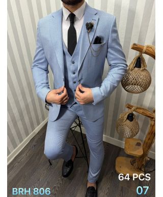 Garnitur męski trzyczęściowy – Błękitny – Slim fit – Model Joe, tkanina premium