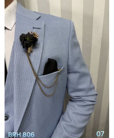 Garnitur męski trzyczęściowy – Błękitny – Slim fit – Model Joe, tkanina premium