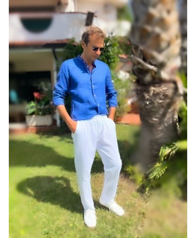 Koszula męska z czystego lnu ze stójką – Niebieski  ocean