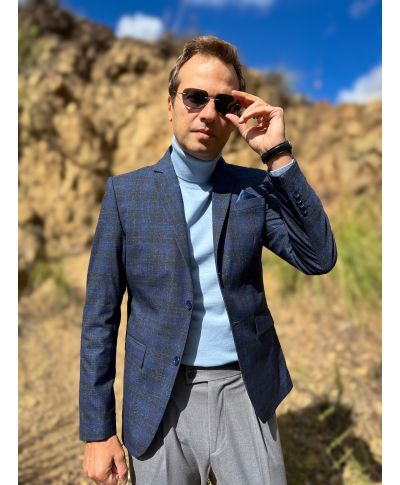 Marynarka Męska Sportowa w granatową Kratę - Slim Fit - Pół podszewkowana - Noah