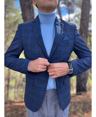 Marynarka Męska Sportowa w granatową Kratę - Slim Fit - Pół podszewkowana - Noah