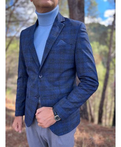 Marynarka Męska Sportowa w granatową Kratę - Slim Fit - Pół podszewkowana - Noah