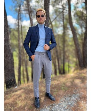 Marynarka Męska Sportowa w granatową Kratę - Slim Fit - Pół podszewkowana - Noah