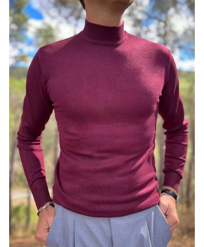 Sweter męski z golfem - Bordowy - Key Jey