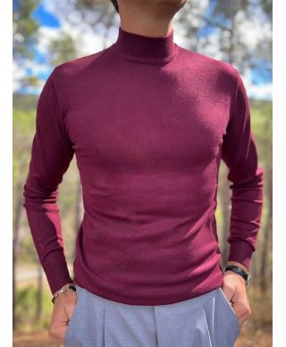Sweter męski z golfem - Bordowy - Key Jey