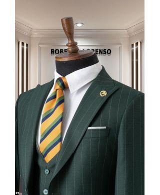 Elegancki garnitur męski z kamizelką – Granatowy  komplet  w prążki