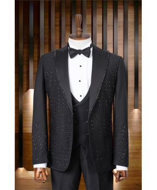 Ekskluzywny smoking czarny z błyszczącymi detalami - Elegancja, która podkreśla wyjątkowe chwile