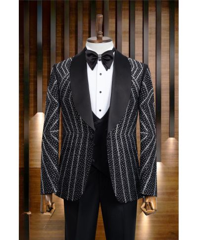 Ekskluzywny smoking Las Vegas - Srebrne zdobienia – Idealny dla pana młodego i na osiemnastkę