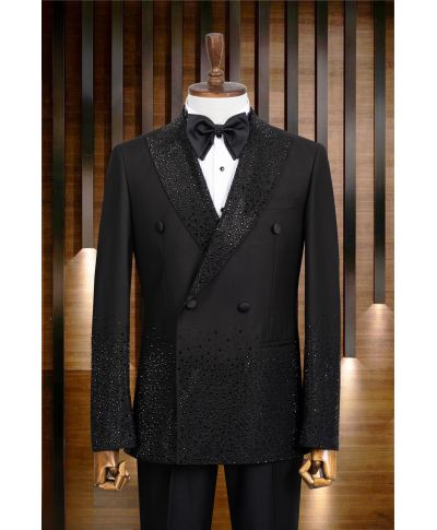 Ekskluzywny smoking czarny dwurzędowy ze strassem – Atlanta