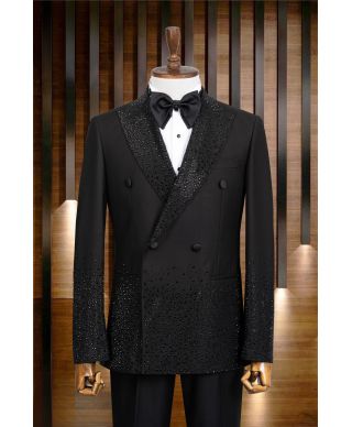 Ekskluzywny smoking czarny dwurzędowy ze strassem – Atlanta