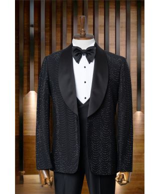 Czarny smoking Gala - Strass - Szerokie Klapy- Krój Slim - DROP 6 – Model Orlando