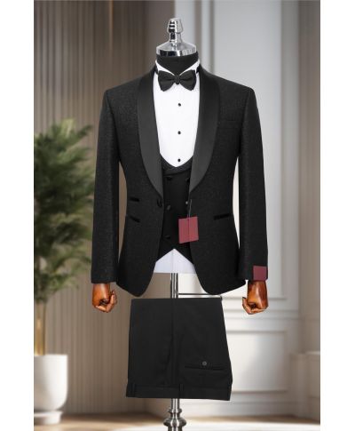 Ekskluzywny czarny smoking Shiny Deluxe w zestawie trzyczęściowym – Model Sincity