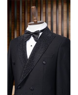 Ekskluzywny smoking czarny dwurzędowy ze strassem – Atlanta