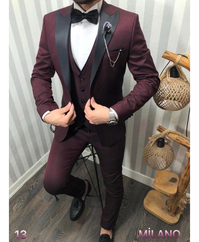 Bordowy smoking męski Vista – elegancki komplet 3-częściowy na wyjątkowe okazje