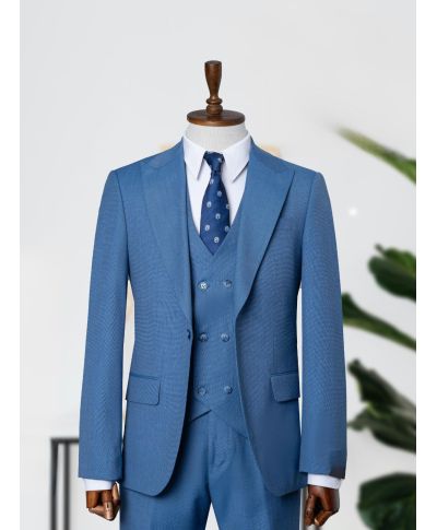 Garnitur męski niebieski z kamizelką dwurzędową Seattle –Elegancja na wesele i biznes