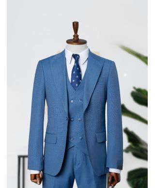 Garnitur męski niebieski z kamizelką dwurzędową Seattle –Elegancja na wesele i biznes