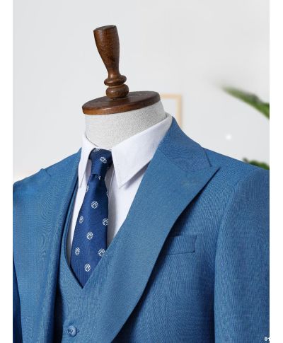 Garnitur męski niebieski z kamizelką dwurzędową Seattle –Elegancja na wesele i biznes