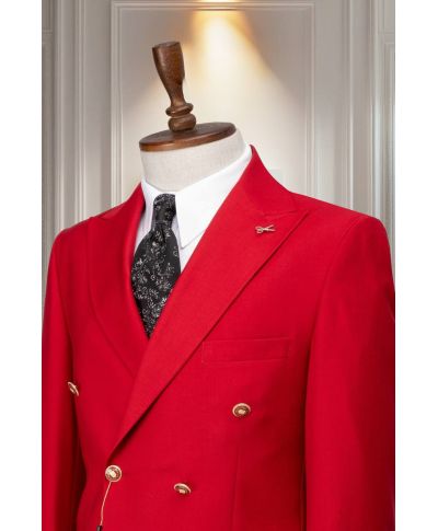 Czerwony garnitur męski dwurzędowy - Filippo - Metalowe guziki - Idealny na wesele i bankiet
