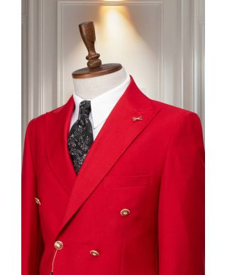 Czerwony garnitur męski dwurzędowy - Filippo - Metalowe guziki - Idealny na wesele i bankiet