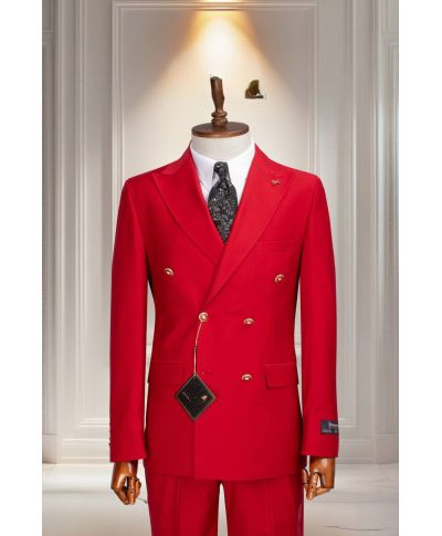Czerwony garnitur męski dwurzędowy - Filippo - Metalowe guziki - Idealny na wesele i bankiet