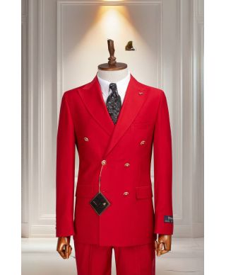 Czerwony garnitur męski dwurzędowy - Filippo - Metalowe guziki - Idealny na wesele i bankiet